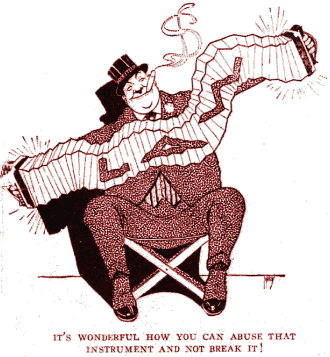 cartoon of a prosperous man playing an accordion labeled 'LAW'