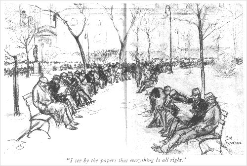 'I see by the papers that everything is all right.' Cartoon by C. W. Anderson from Life, January 3, 1930.