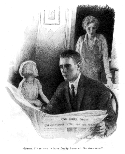 'Mama, it's so nice to have Daddy home all the time now.' Cartoon by Victor C. Anderson from Life, December 12, 1930.