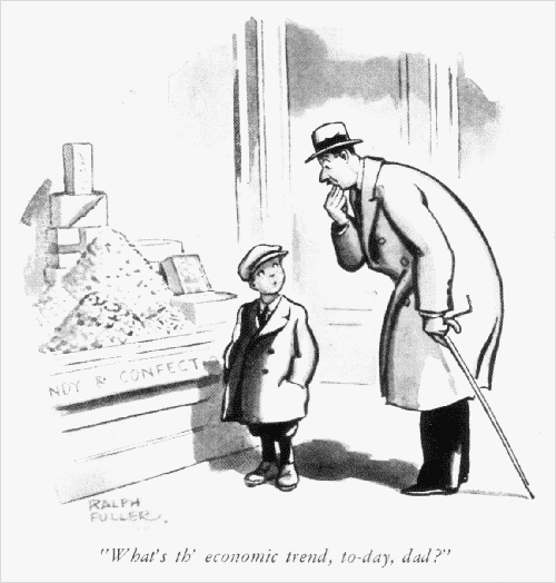 'What's th' economic trend to-day, dad?' Cartoon by Ralph Fuller from Life, March 20, 1931.