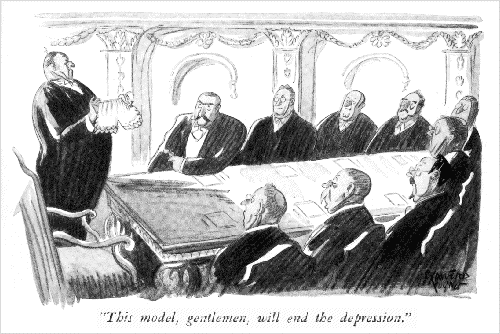 'This model, gentlemen, will end the depression.' Cartoon by William Crawford Young from Life, July 17, 1931.