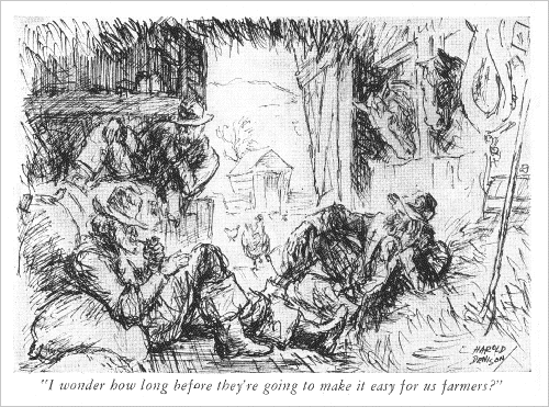 'I wonder how long before they're going to make it easy for us farmers.'. Cartoon by Harold Denison from Life, March 1933.