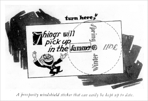 A prosperity windshield sticker that can easily be kept up to date. Cartoon from Life, July 1933.