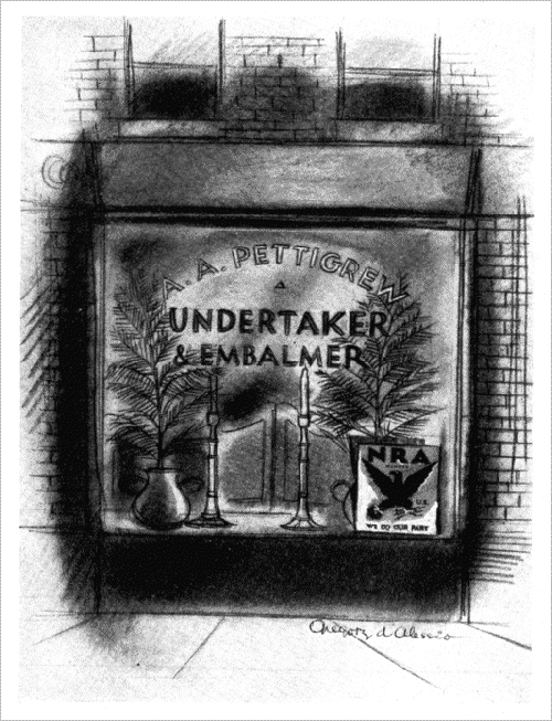 Cartoon of undertaker shop with NRA 'blue eagle' sign, by Gregory d'Alessio from Life, September 1933.