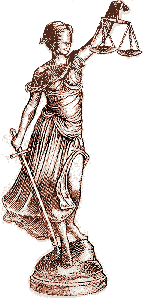 Statue of Justice, blindfolded with scales and sword.