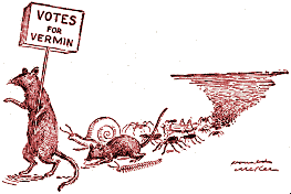 Cartoon of rats and other creatures marching with sign, 'Votes for Vermin.'